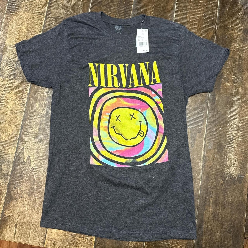 Grey Nirvana band tee with multi-coloured print